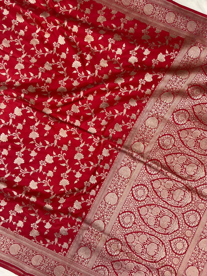 Red Katan Silk Saree with floral vine full view