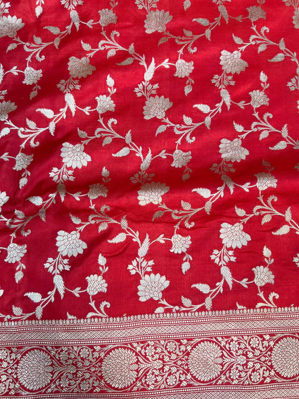 Red Katan Silk Saree with floral vine closeup view