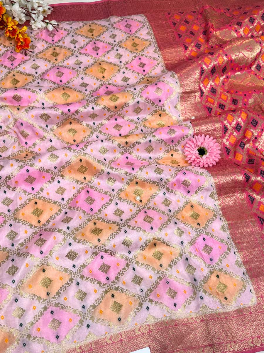 Pink Multicolor Viscose Silk Saree Full View