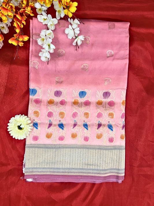 Pink Katan Silk Saree with floral and bird front view
