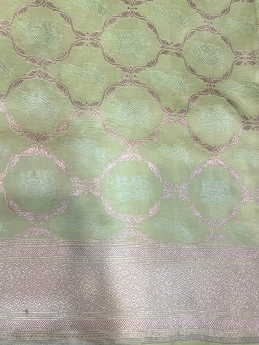 Pista Green Katan Silk Saree with circular jaal closeup view