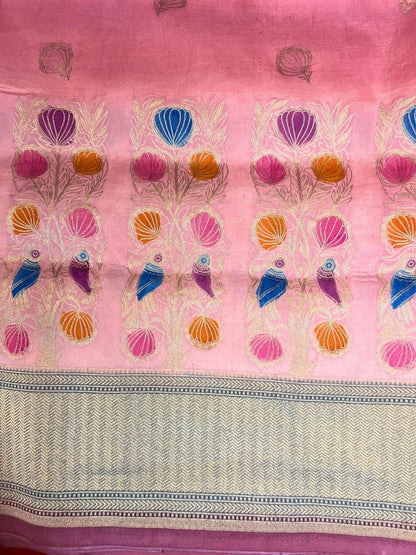 Pink Katan Silk Saree with floral and bird closeup view