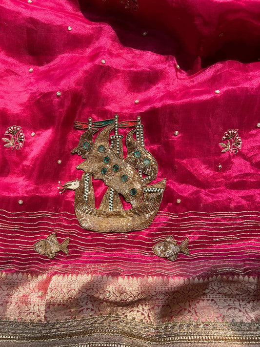 Hot pink Tissue Silk Saree with Hand Embroidered ship closeup view 