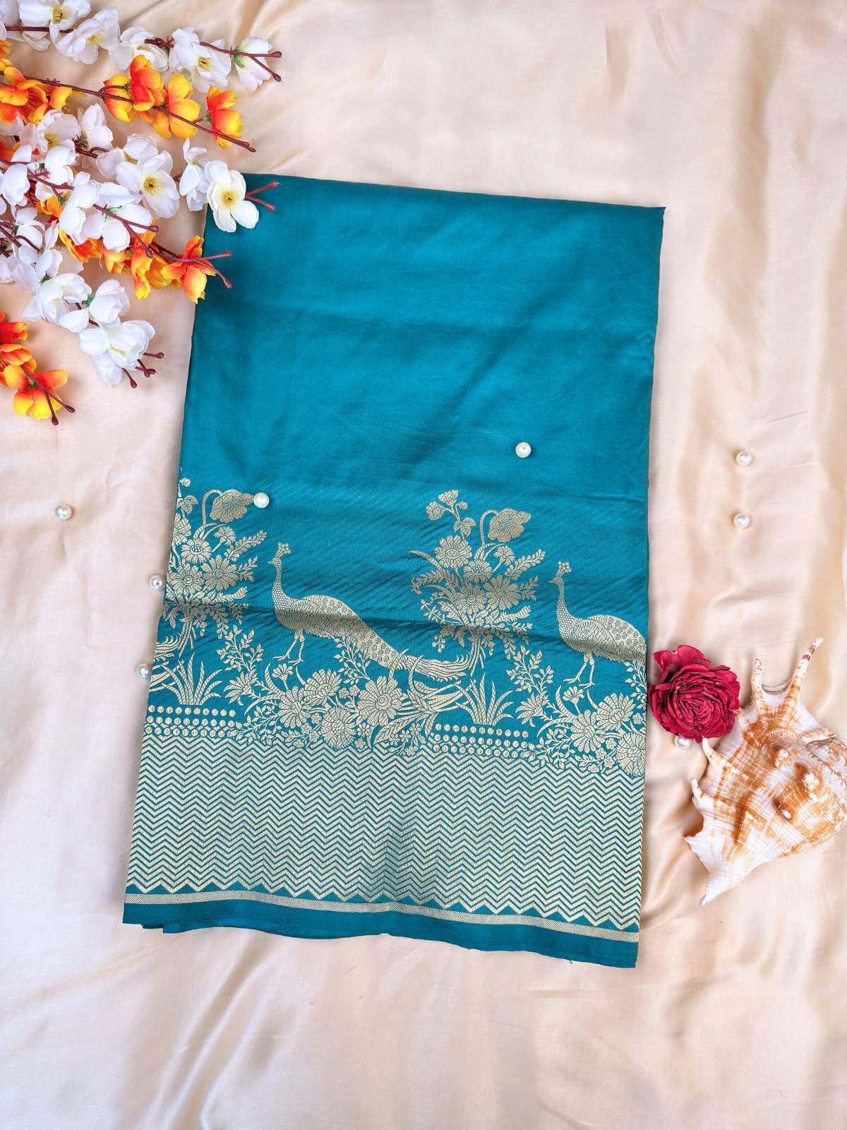 Teal blue Katan silk Banarasi saree with elegant traditional weave