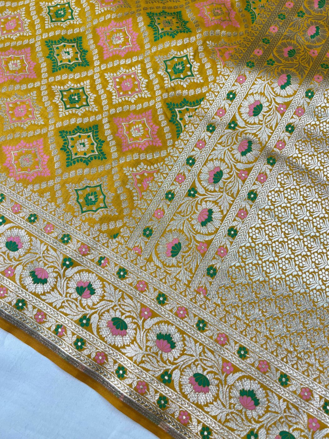  Mustard Yellow Katan Silk Saree Closeup View 01