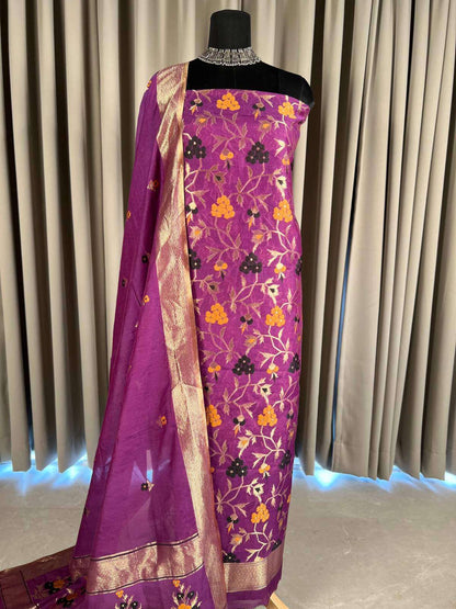 Magenta Cotton silk Suit with floral full view