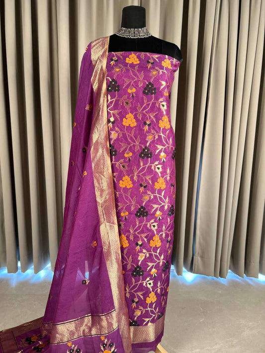 Magenta Cotton silk Suit with floral full view