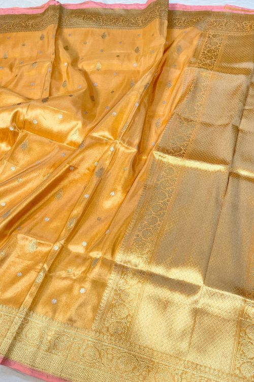 Orange Banarasi Kora Tissue Silk Saree with Pink Selvedge and Golden Zari – Handwoven Pure Silk
