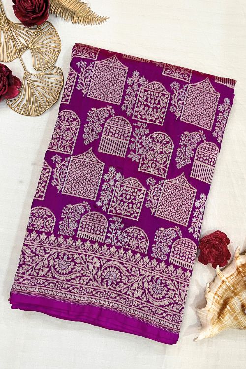 Handwoven purple Katan silk saree with intricate motifs