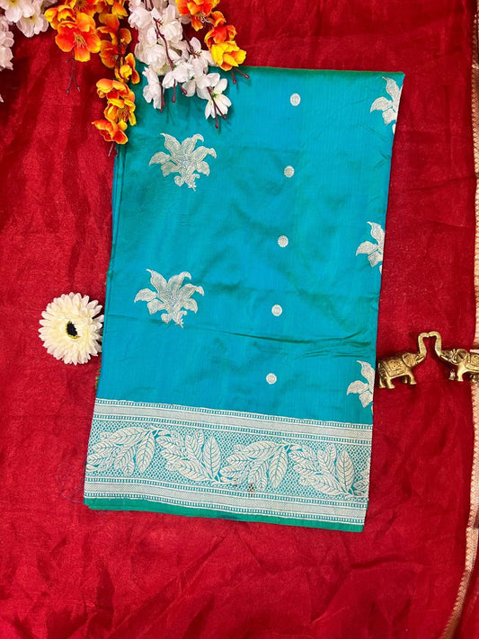 Dual Shade Green and Blue Katan Silk Saree with floral front view