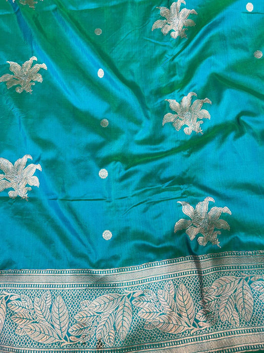 Dual Shade Green and Blue Katan Silk Saree with floral closeup view