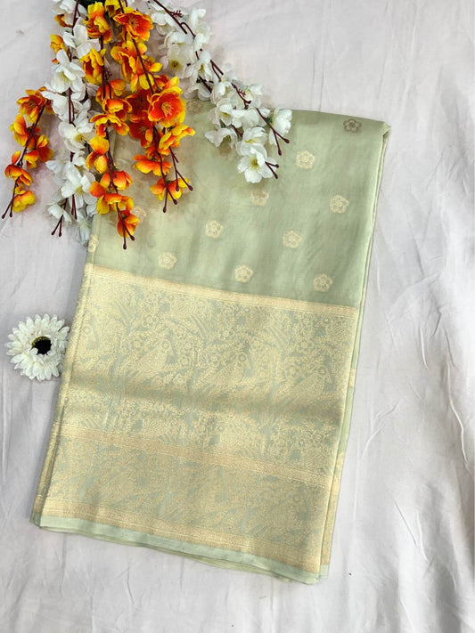 Pista Green Katan Silk Saree with zari buta front view