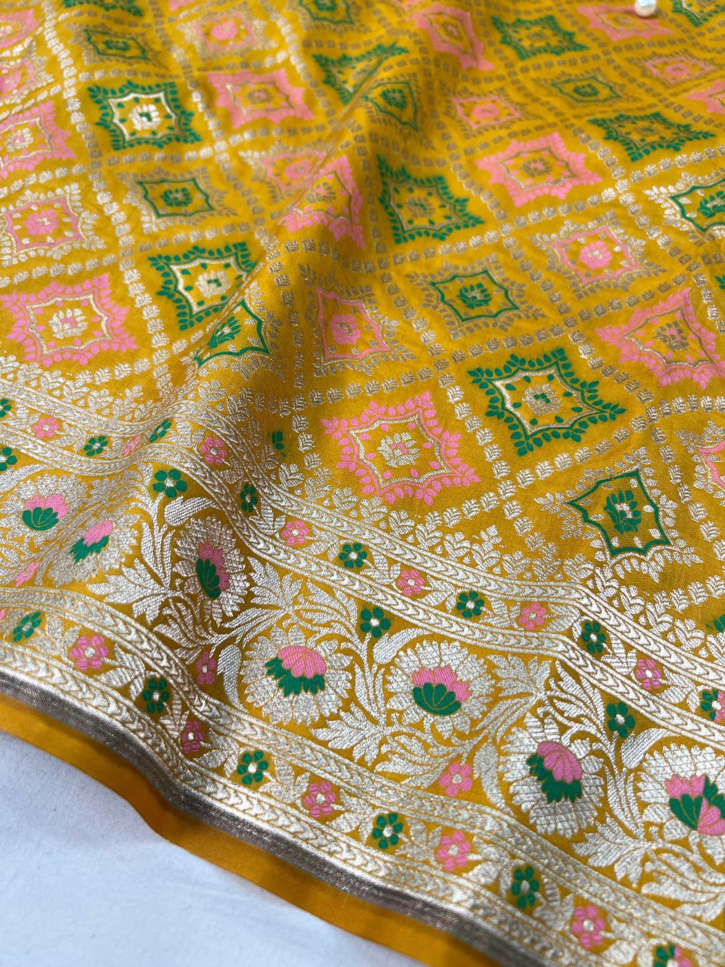  Mustard Yellow Katan Silk Saree Closeup View 02