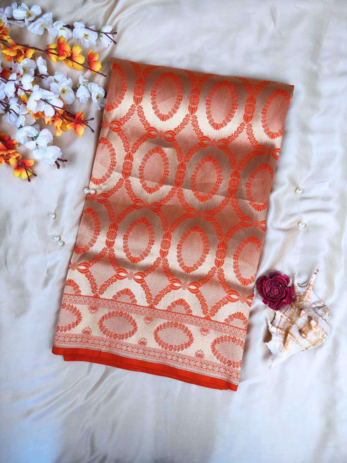 Vermilion Katan silk Banarasi saree with rich handwoven traditional design