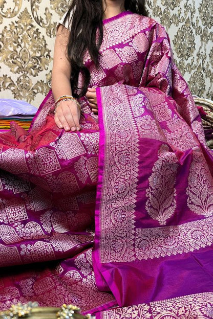 Handwoven purple Katan silk saree with intricate motifs