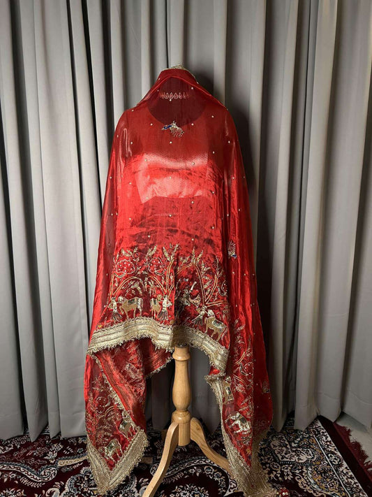 Royal red Radha Krishna Banarasi silk dupatta with divine traditional artwork