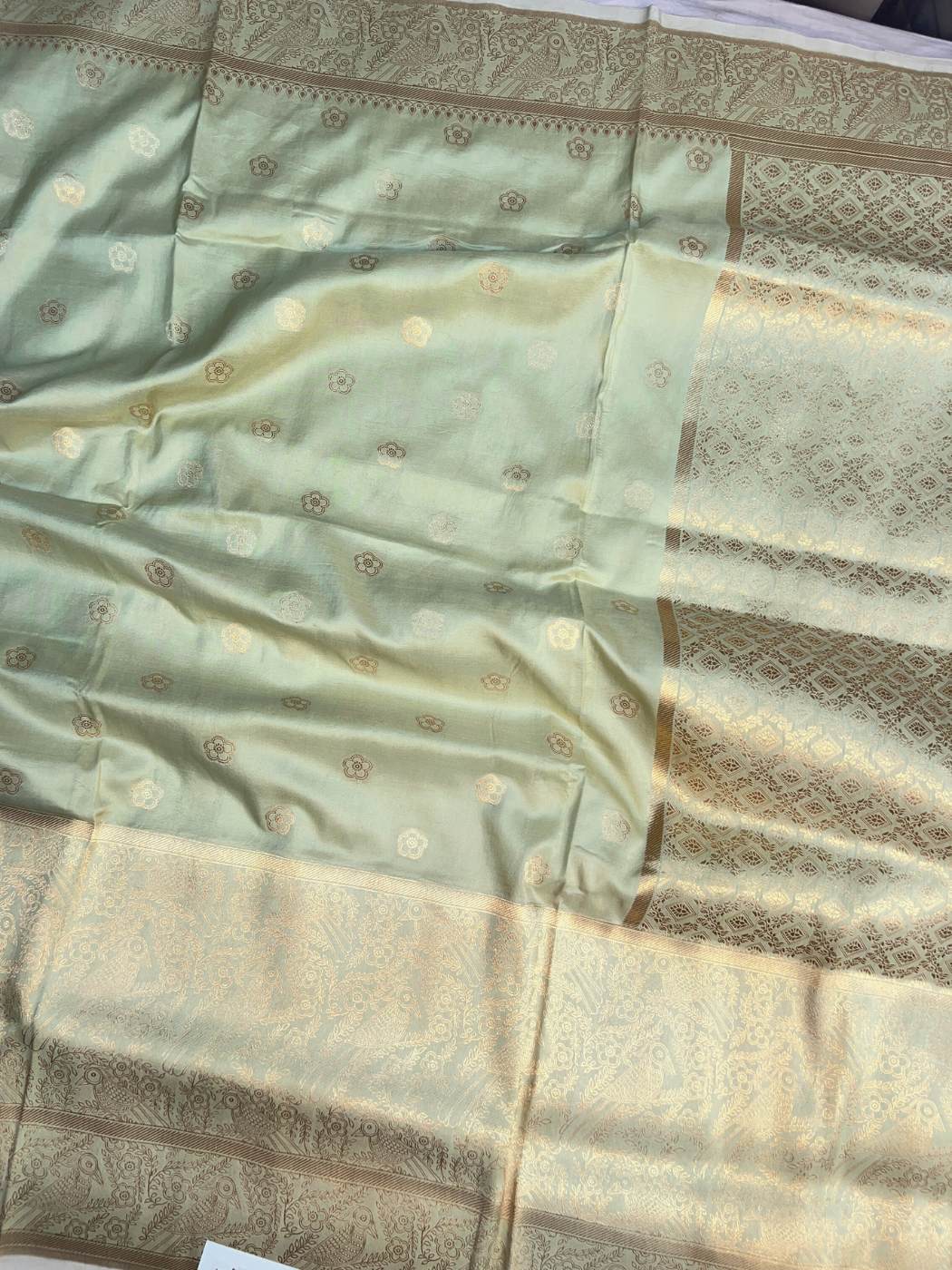 Pista Green Katan Silk Saree with zari buta full view
