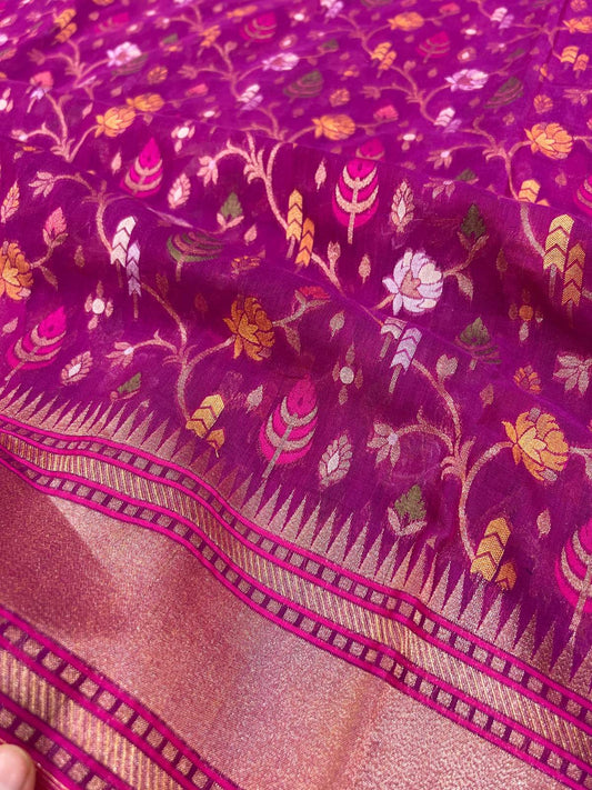 Magenta Cotton Jamdani Saree with multicolor floral closeup view 
