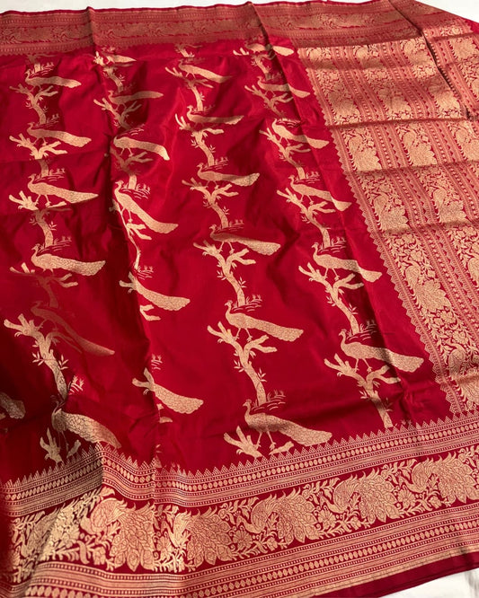 Manatavya Banaras red Katan silk saree with rich Banarasi weave, smooth texture and timeless traditional elegance