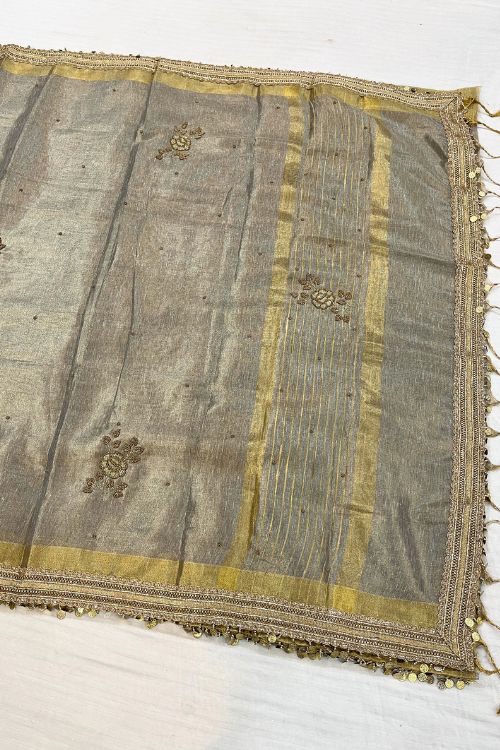 Hand-Embroidered Grey Linen Tissue Silk Saree with intricate detailing, lightweight texture, and elegant shimmer – perfect for festive and formal wear