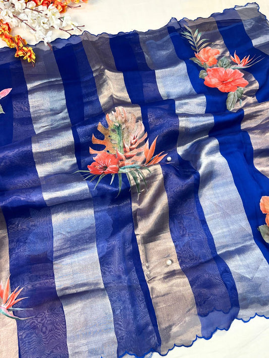 Royal Blue Kora Tissue Silk Saree Full View