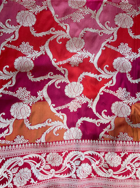 Red Katan Silk saree with floral jaal closeup view