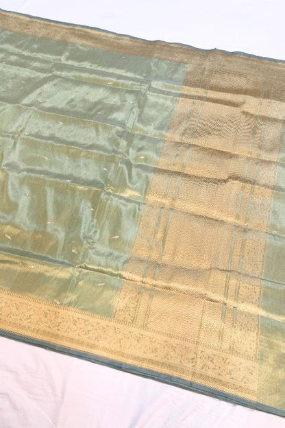 Green Banarasi Kora Tissue Silk Saree with Golden Zari and Rust Selvedge – Handwoven Pure Silk