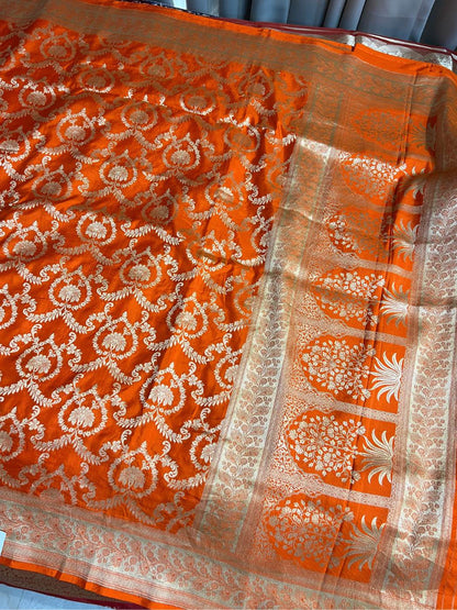 Orange Katan Silk saree with  floral jaal full view
