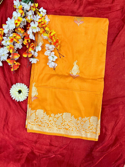 Orange Katan Silk Saree with kalga-inspired buta front view