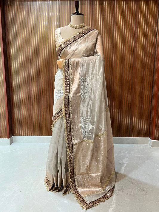 Silver Chandani Hand-Embroidered Tissue Silk Saree