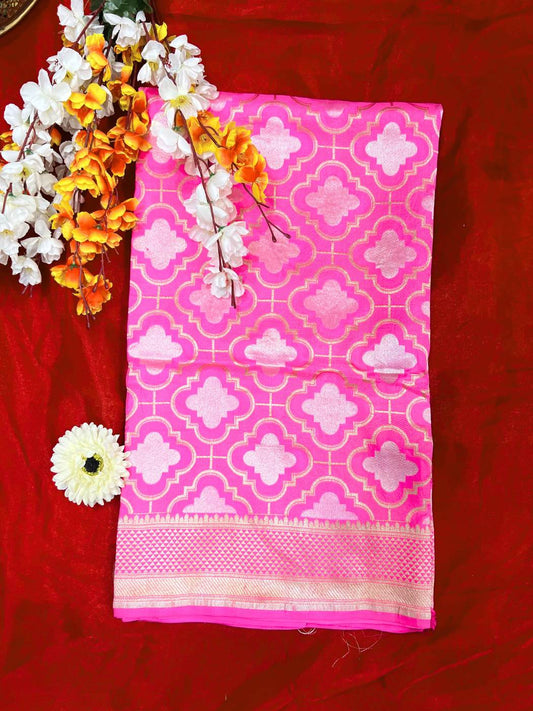 Manatavya Banaras pink Katan silk saree with rich Banarasi weave, smooth texture and elegant traditional craftsmanship