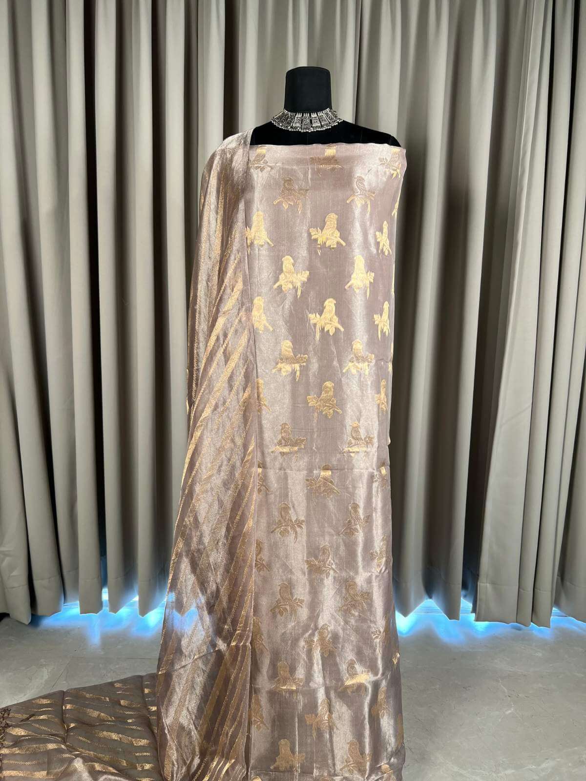 champagne beige Tissue Silk Suit with gold woven Full view
