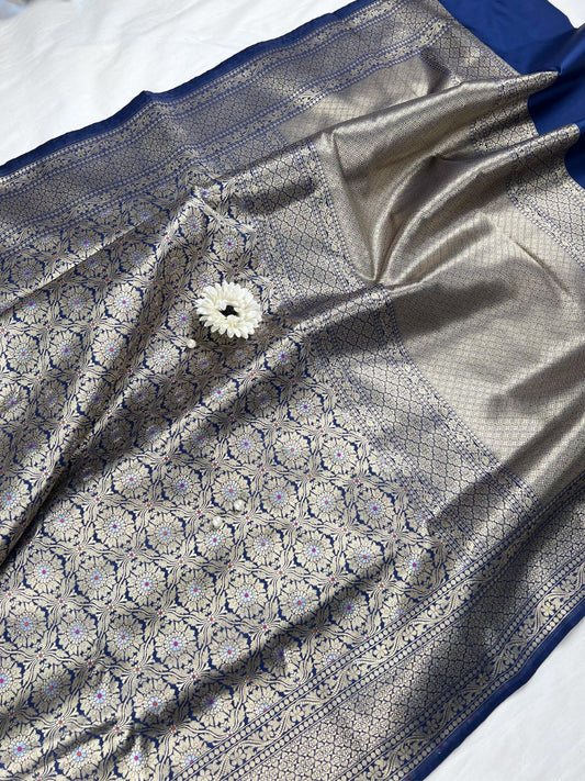 Navy Blue Katan Silk Saree full View 01