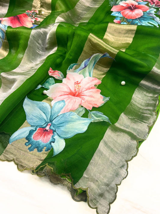  Green Kora Tissue Silk Saree Closeup view 01