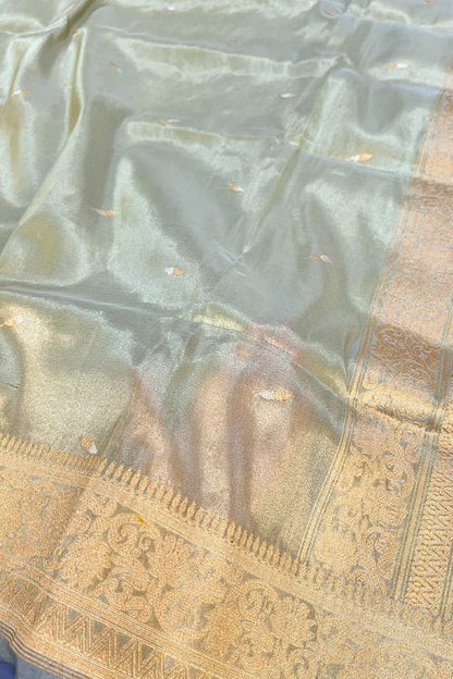 Green Banarasi Kora Tissue Silk Saree with Golden Zari and Rust Selvedge – Handwoven Pure Silk