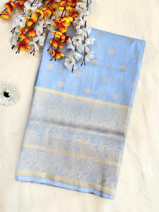 Powder Blue Katan Silk Saree with  zari buta front view 