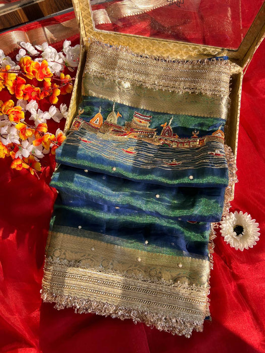 Teal Blue Tissue Silk Saree Peacock with Hand Embroidered Banarasi Ghat Motif front view