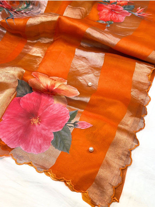 Fanta Orange Kora Tissue Silk Saree closeup view 01