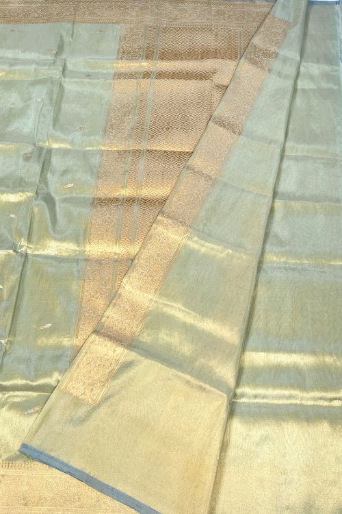 Green Banarasi Kora Tissue Silk Saree with Golden Zari and Rust Selvedge – Handwoven Pure Silk