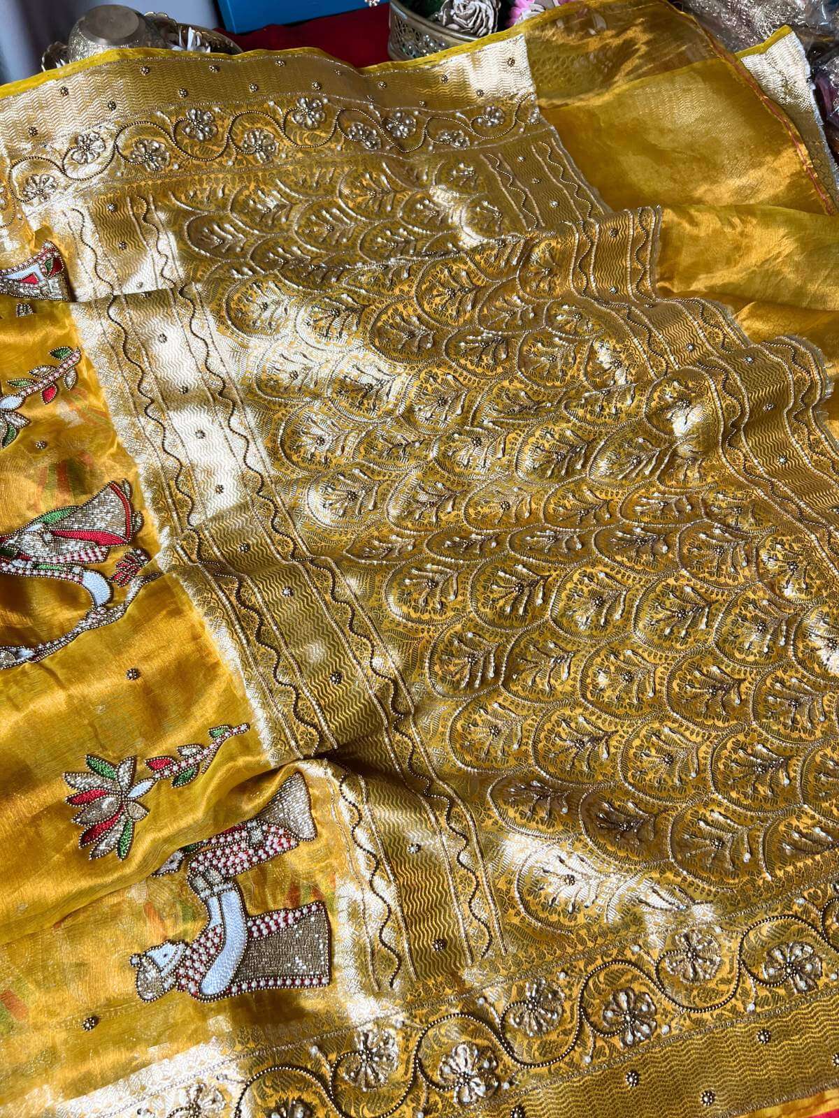 Mustard Yellow Tissue Silk Saree Vivah with Hand-embroidered Saat Vachan Closeup view 02