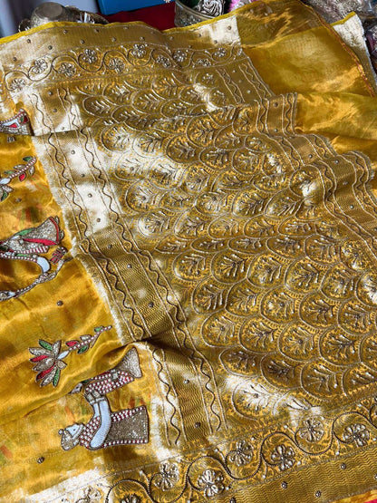 Mustard Yellow Tissue Silk Saree Vivah with Hand-embroidered Saat Vachan Closeup view 02