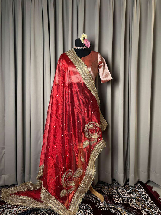 Royal red  Banarasi Tissue silk dupatta Mor Pankh with featuring peacock feather motif full view