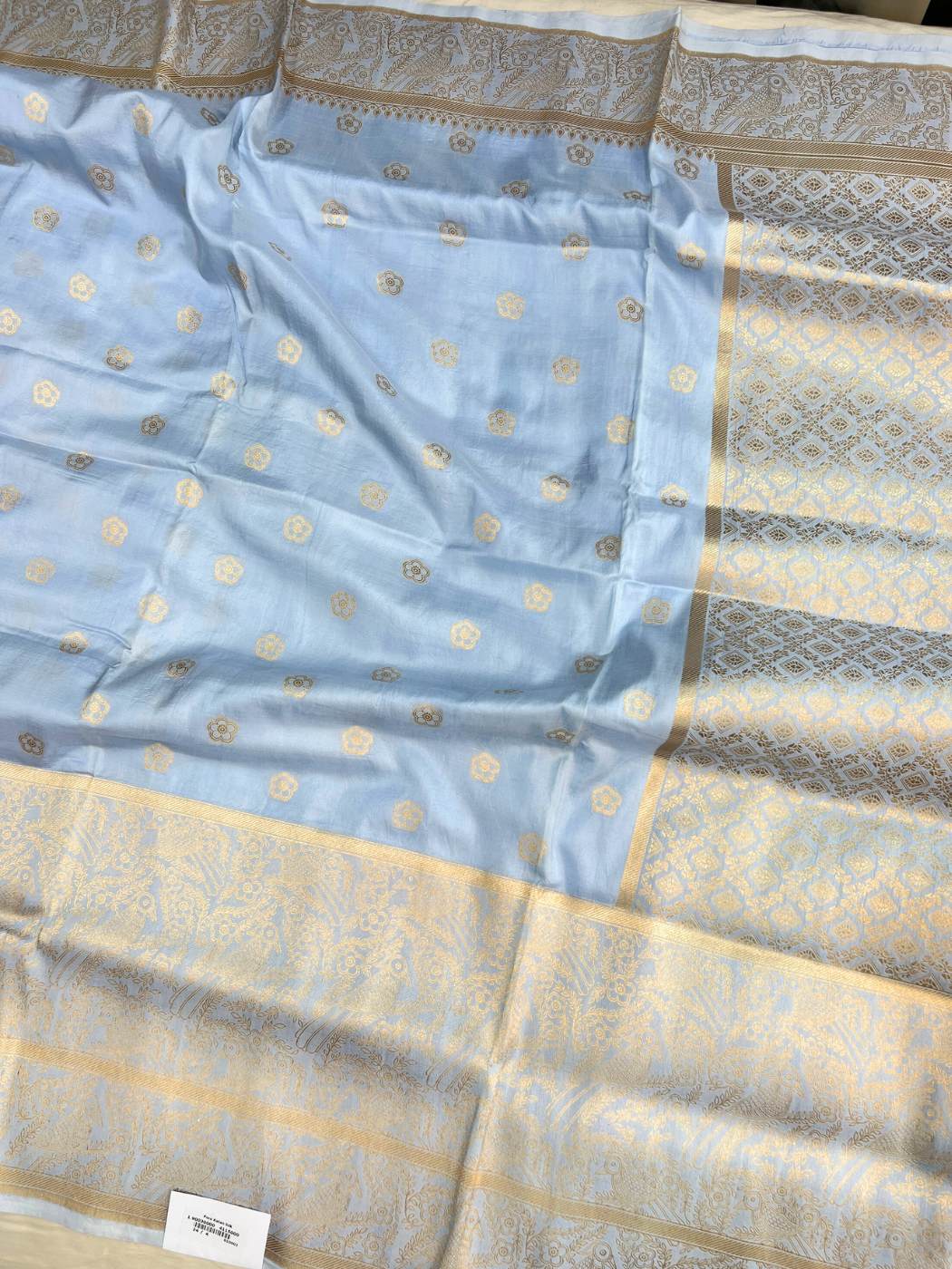 Powder Blue Katan Silk Saree with  zari buta full view 