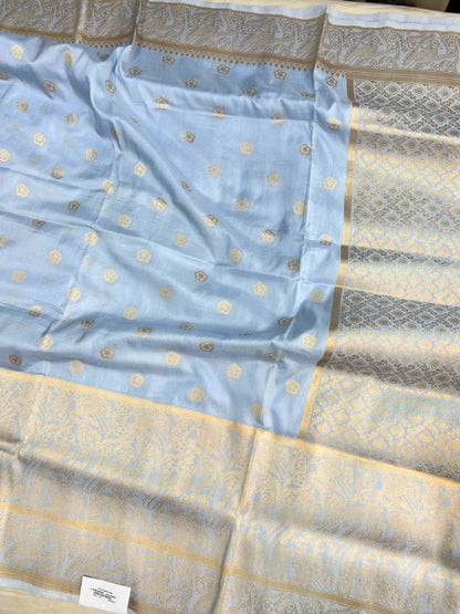 Powder Blue Katan Silk Saree with  zari buta full view 