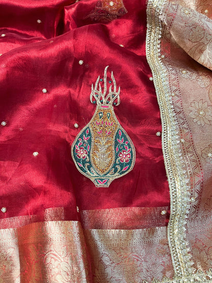Red Banarasi Tissue Silk Saree with Matka Hand Embroidered Buta, Gota Patti Border, and Unstitched Brocade Blouse