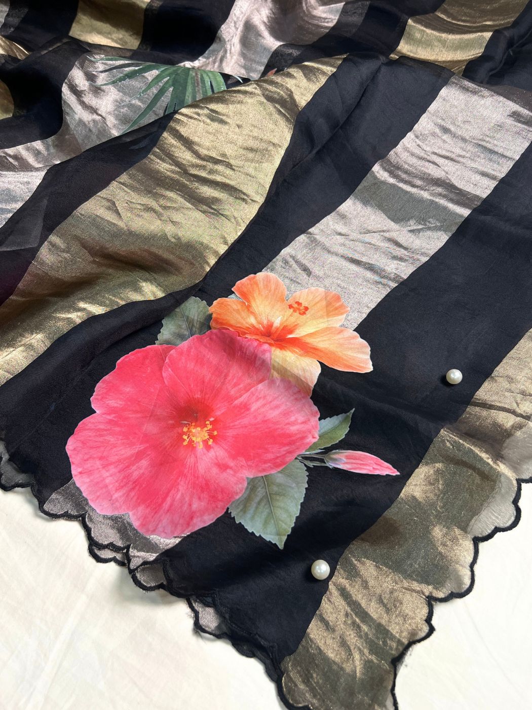 Black Kora Tissue Silk Saree Closeup view 01
