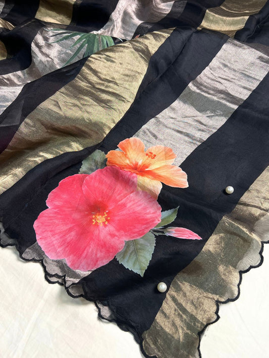 Black Kora Tissue Silk Saree Closeup view 01