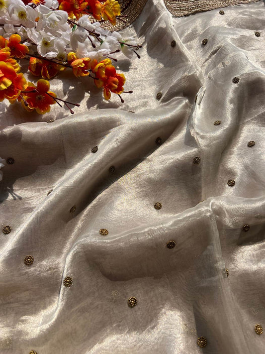 Silver Pure Tissue Silk Saree with Hand-embroidered small floral buti closeup view