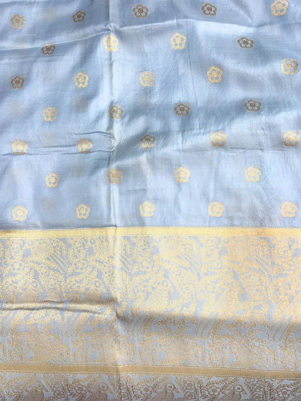 Powder Blue Katan Silk Saree with  zari buta closeup view 