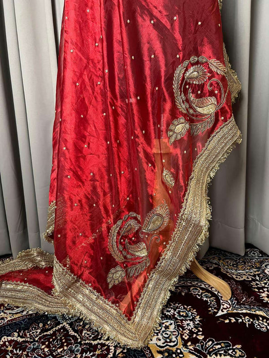 Royal red  Banarasi Tissue silk dupatta Mor Pankh with featuring peacock feather motif closeup view 01